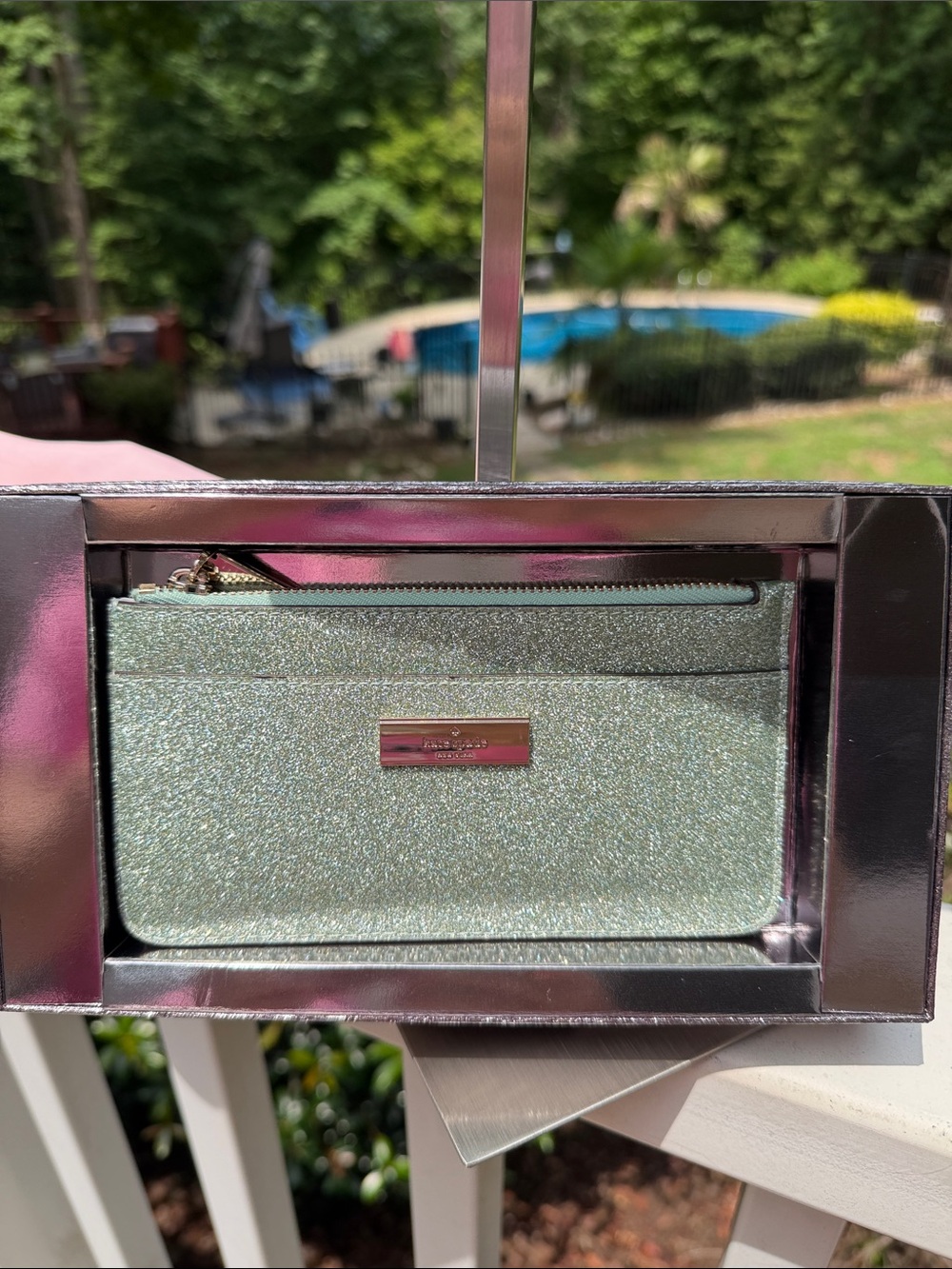 Kate Spade NWT Mini Tote Green Gold Glitter Bag, Wallet, Card Case Retail$580 - Picture 6 of 17